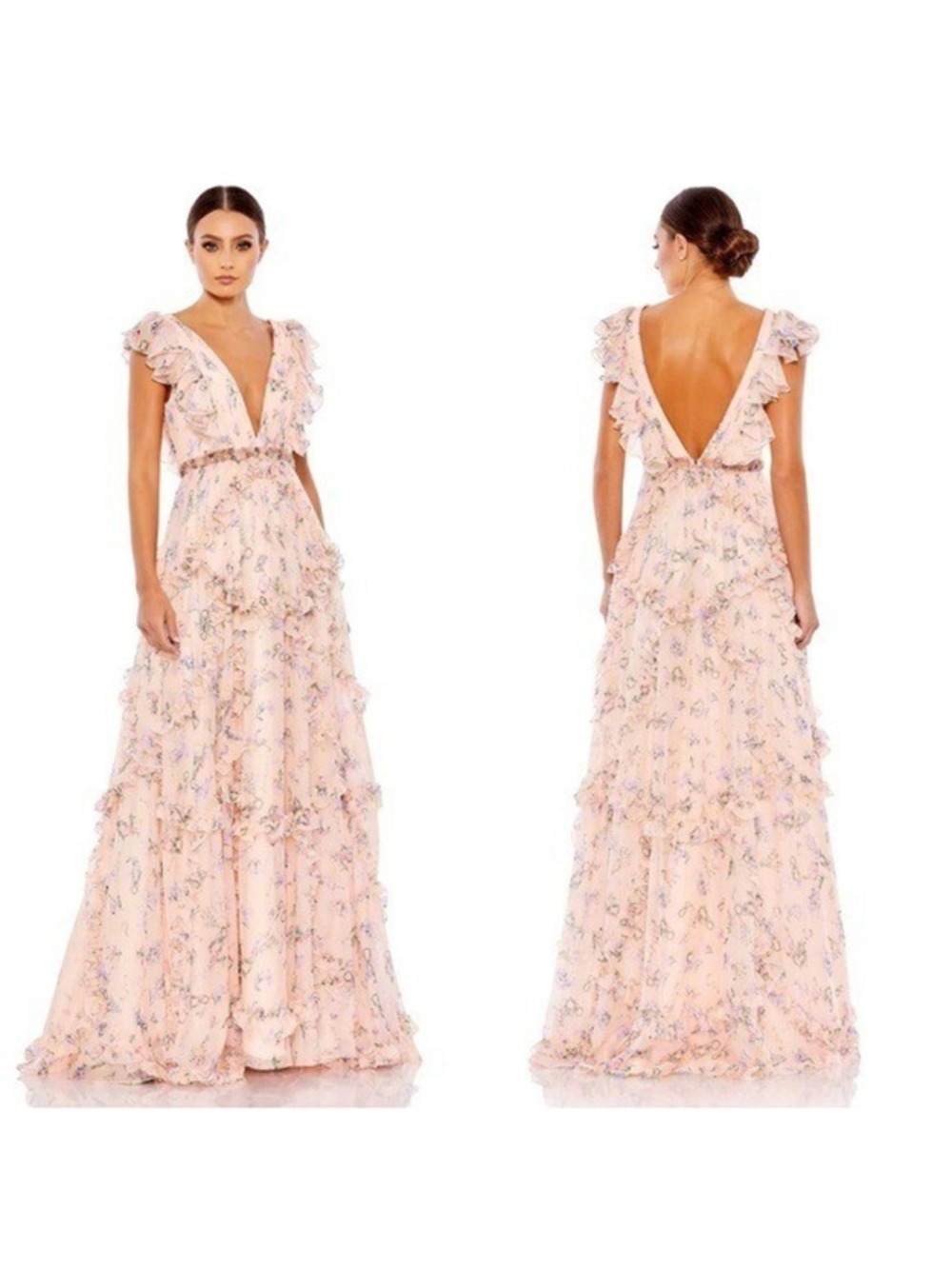 Women's Mac Duggal Pink Floral Ruffle Maxi Dress Size 2